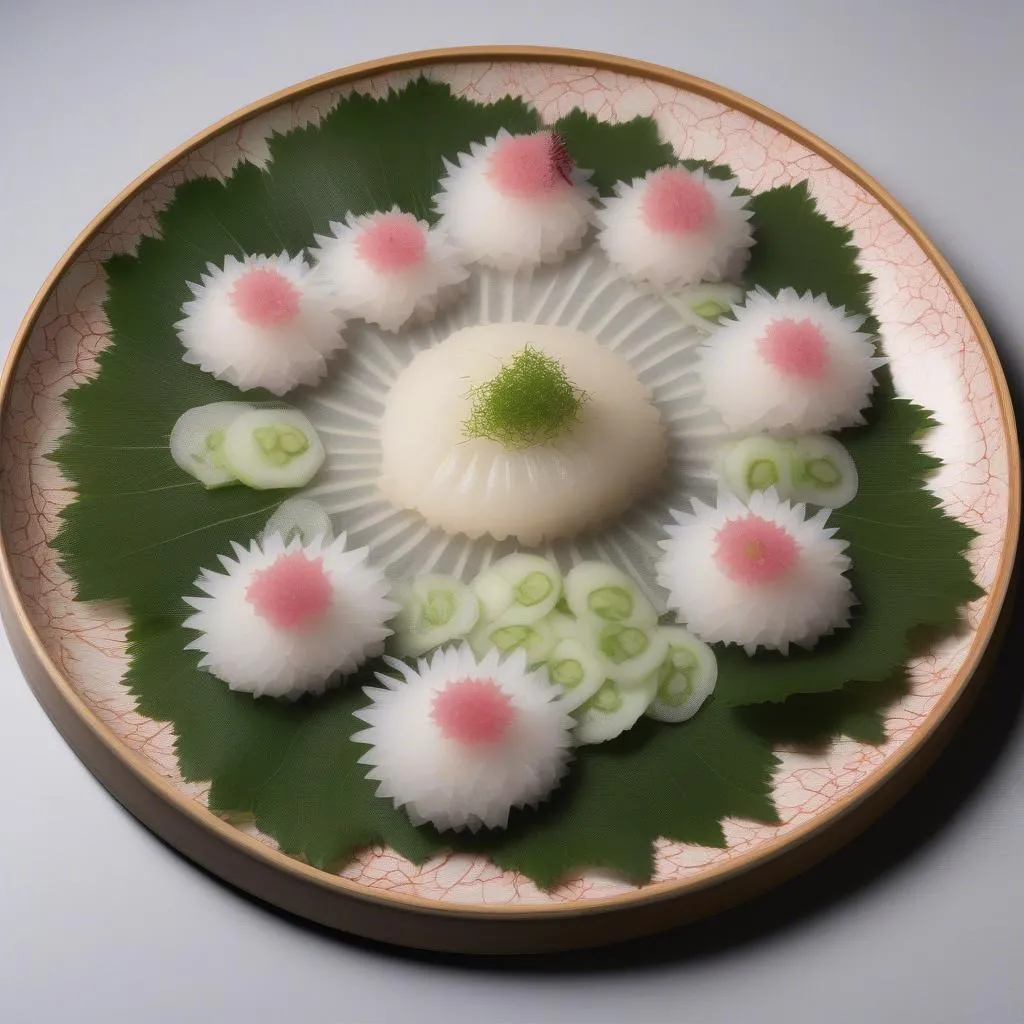 A beautifully arranged platter of fugu sashimi, thinly sliced and served with traditional accompaniments in a Japanese restaurant.