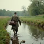 A German Traveling Jewelry Salesman Crossing a River