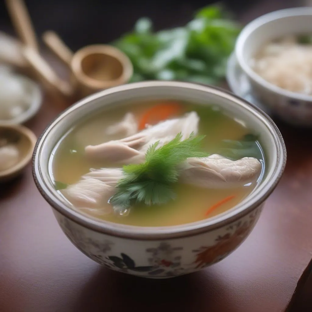 Steaming bowl of Vietnamese ginger chicken soup