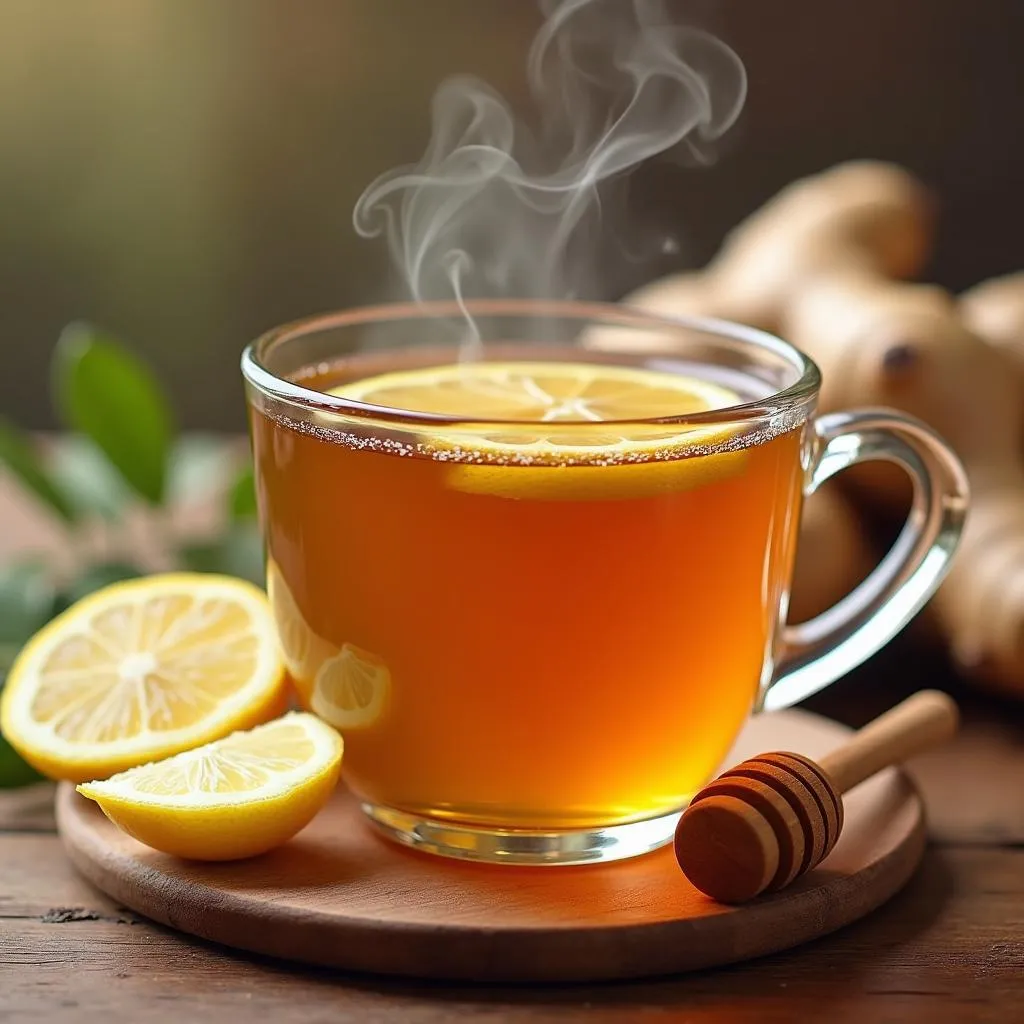 A cup of ginger tea with honey and lemon