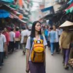 Woman Carrying Penny Board in Hanoi Market