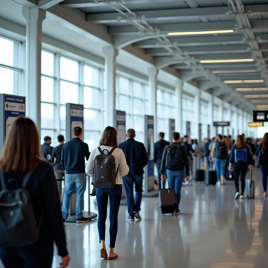 Passengers queuing for Global Entry kiosks