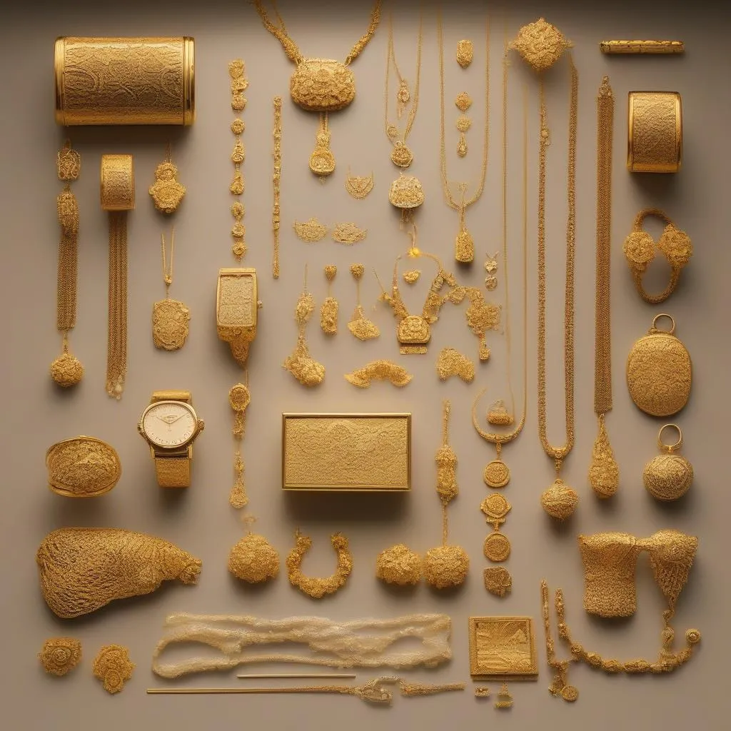 A display of gold jewelry and gold bars