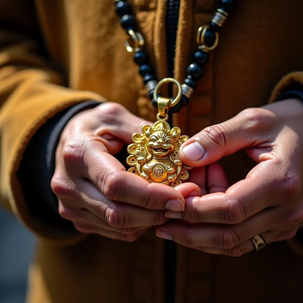 Golden Amulet Worn by Vendor in Hanoi