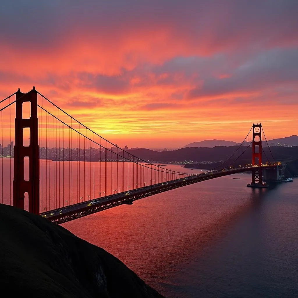 Golden Gate Bridge at sunset with city skyline