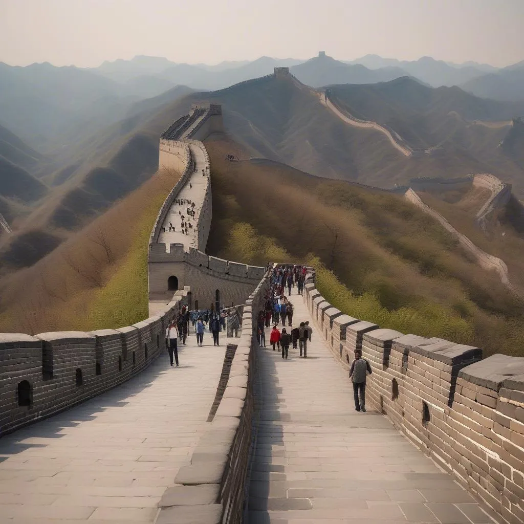 Tourists walking on the Great Wall of China