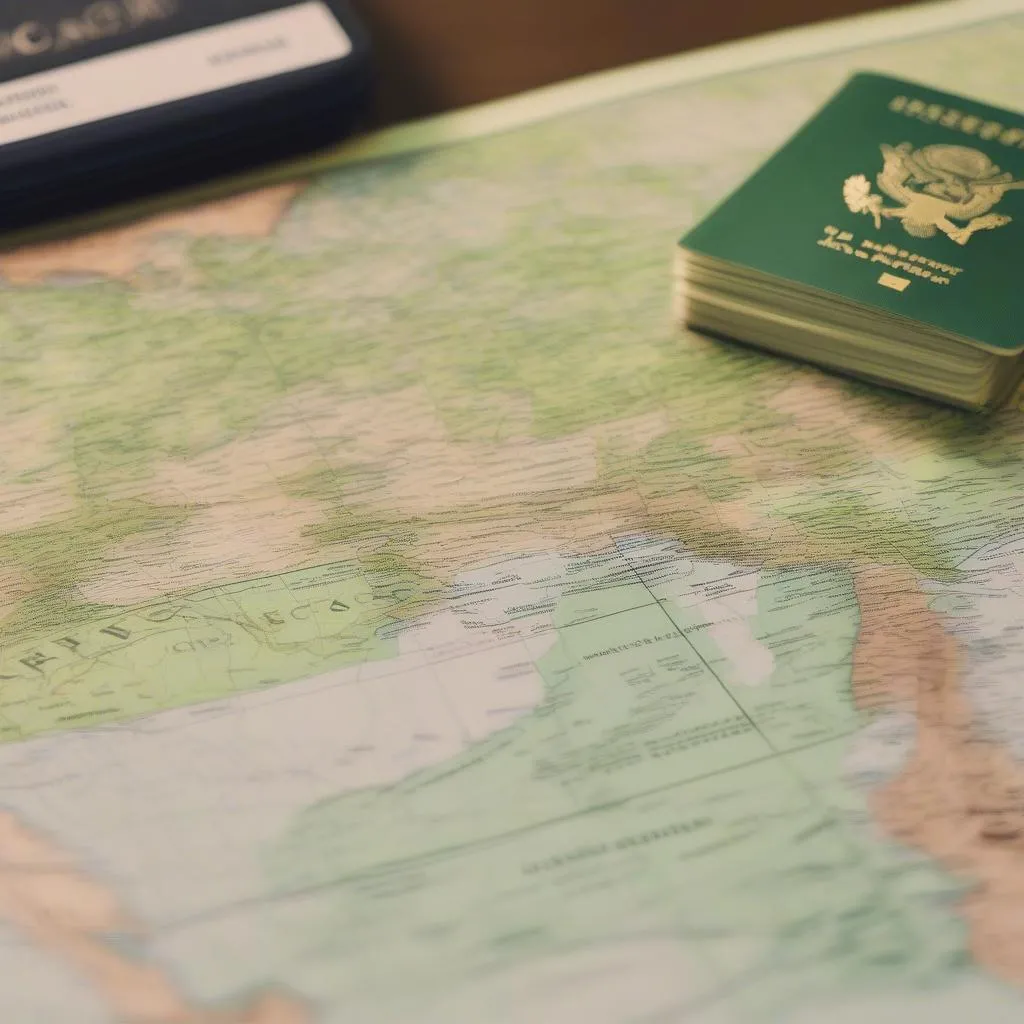 Green Card and passport on a map