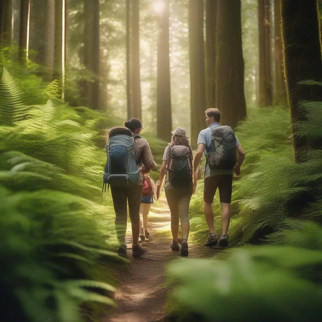 family hiking in forest