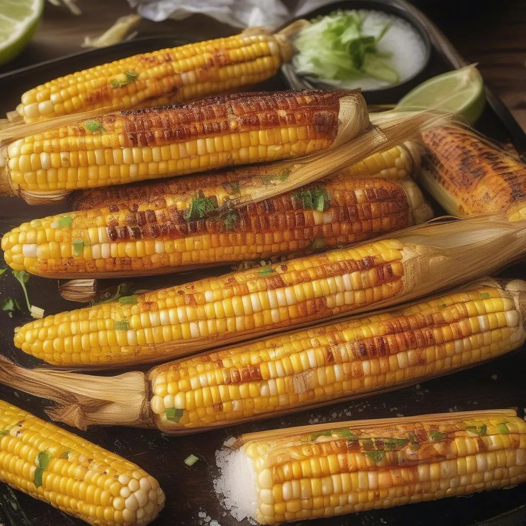 A close-up shot of a grilled corn on the cob, with a hint of charcoal and a light dusting of salt.