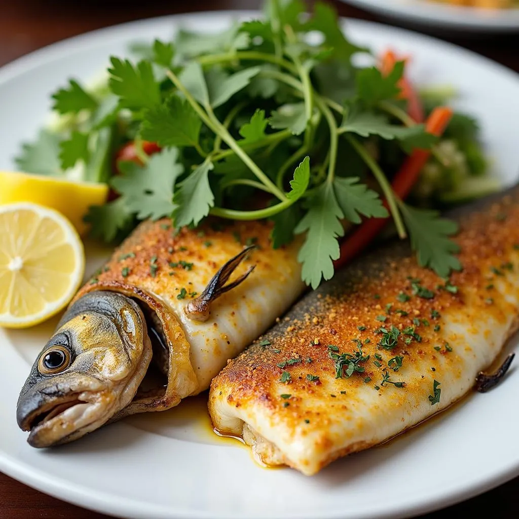 Grilled fish served with fresh herbs and vegetables, a staple in Vietnamese cuisine.