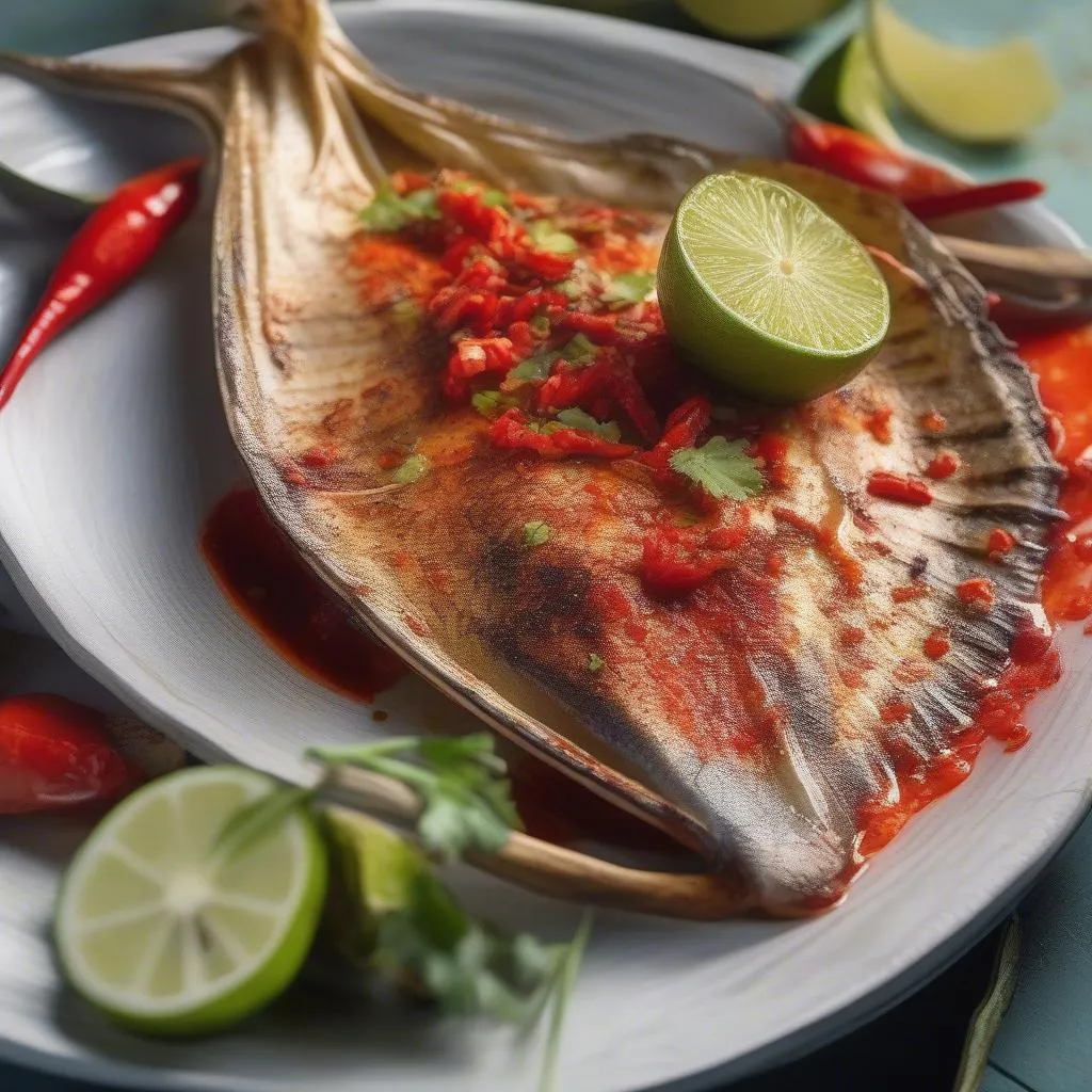 Grilled stingray served with a side of vibrant red chili sauce