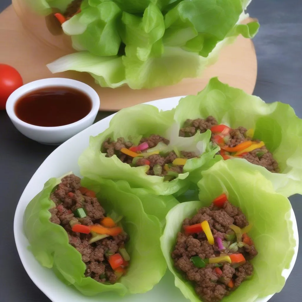 Ground beef lettuce wraps with a side of dipping sauce.