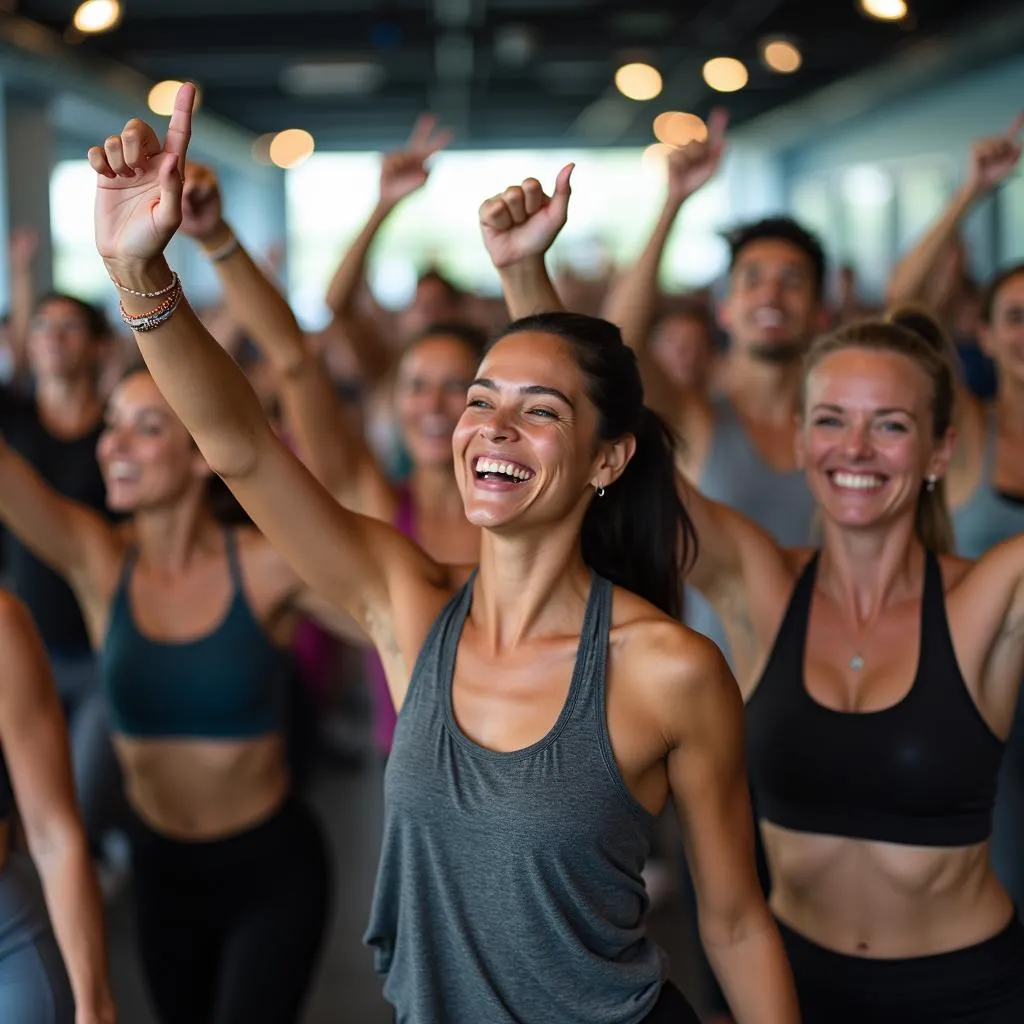 A group participating in a high-energy fitness class