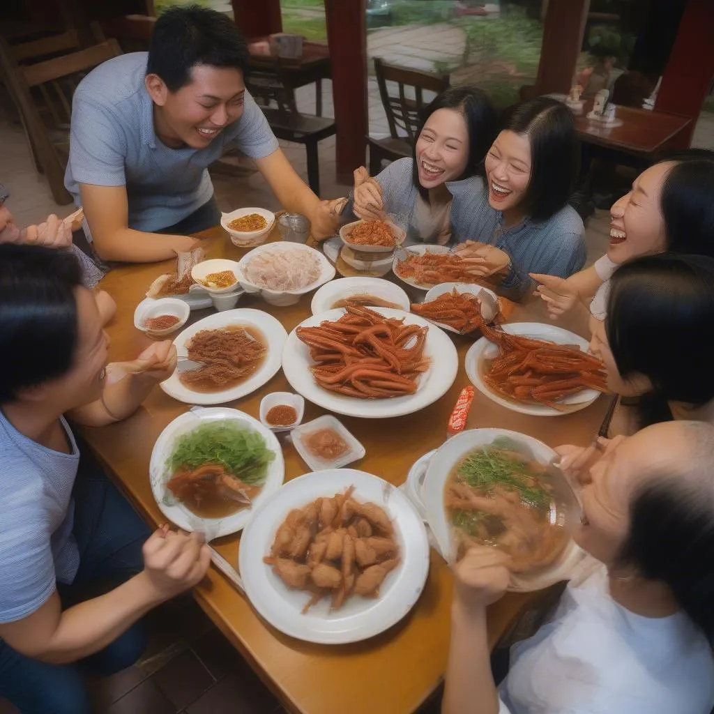 Group of friends enjoying chicken feet at a Vietnamese restaurant