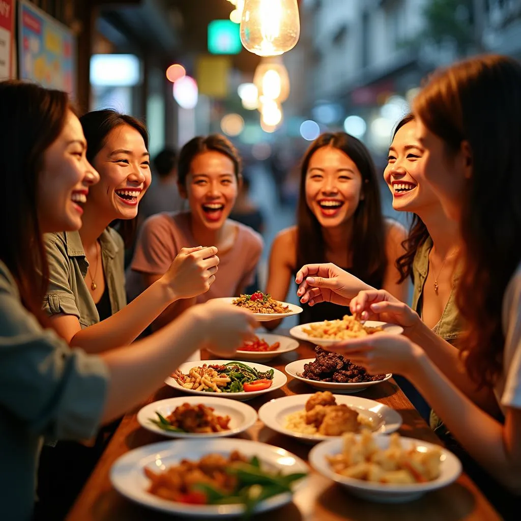 Group of friends enjoying Hanoi street food tour