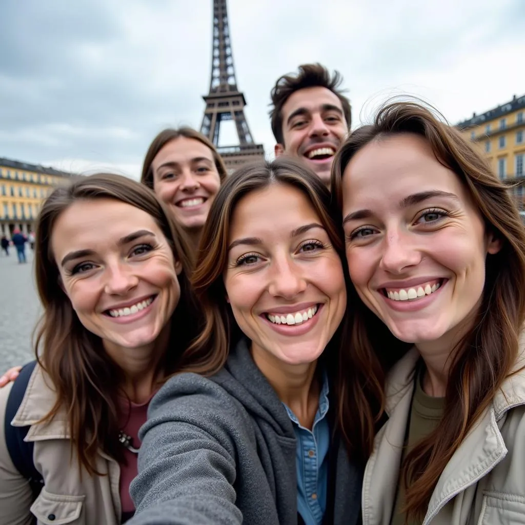 Group of friends taking a selfie in front of a famous landmark