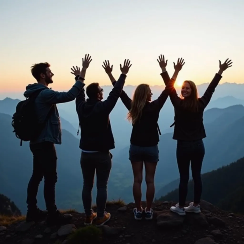 Friends celebrating on a mountain summit