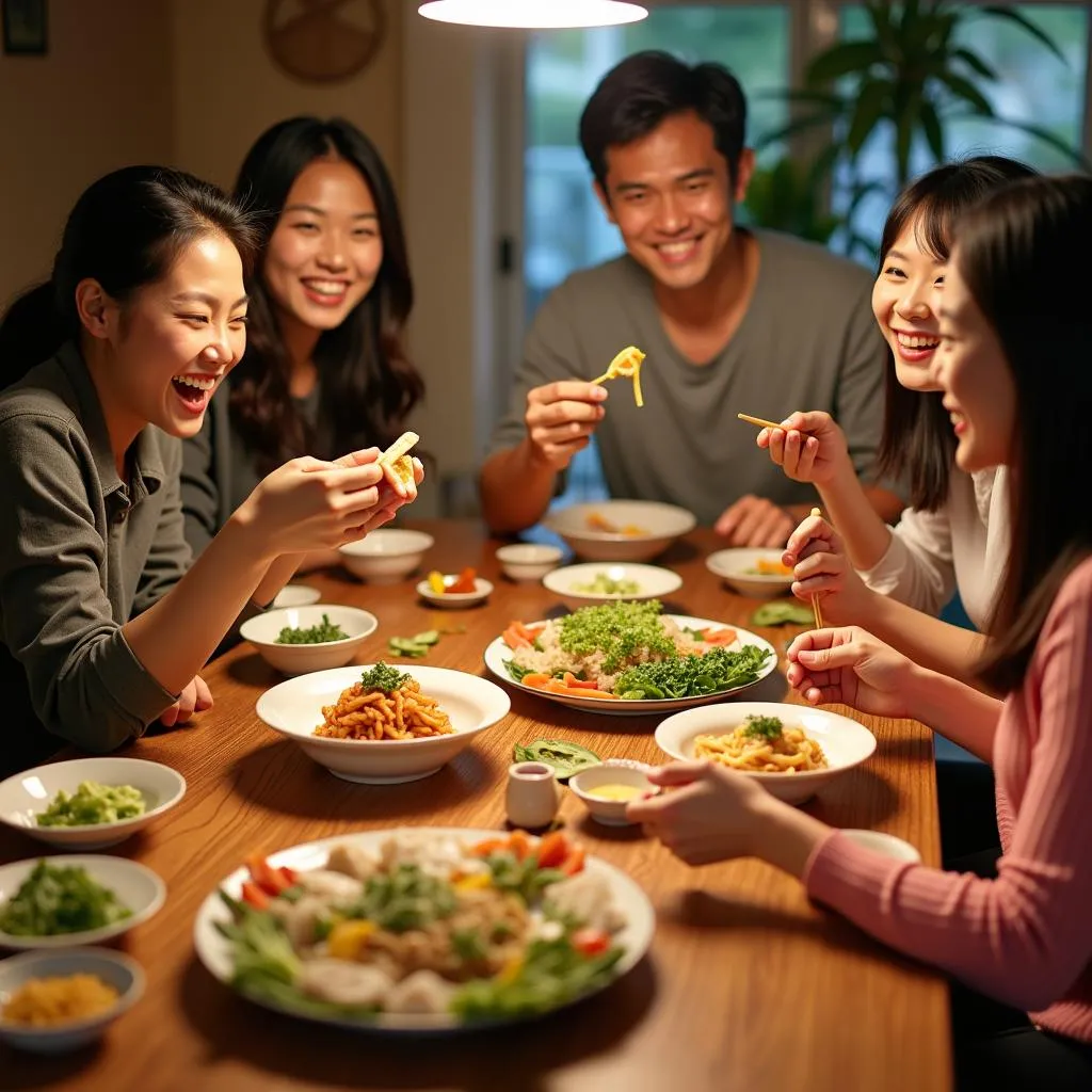 Friends enjoying a meal with &quot;tương hột&quot; dishes in a Hanoi restaurant