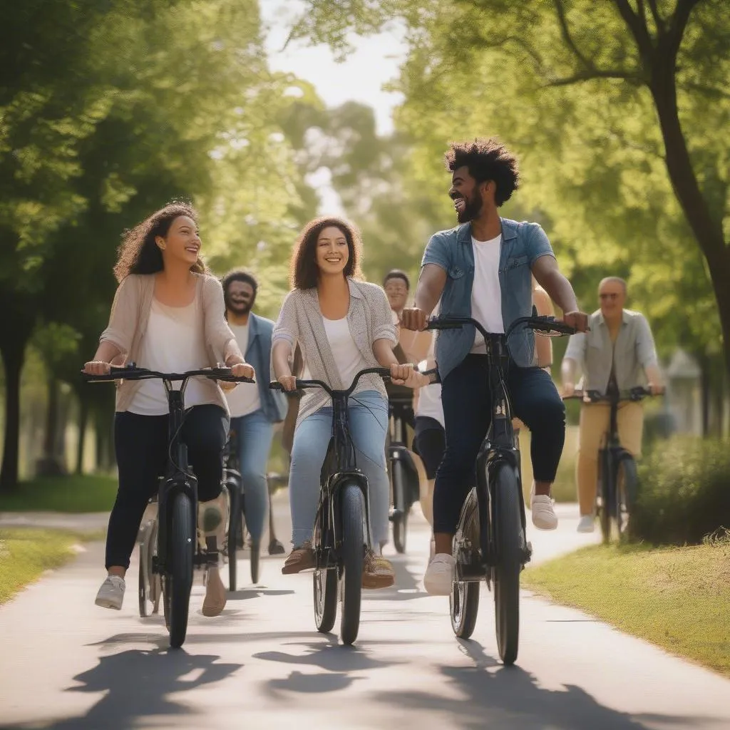 Friends enjoying a leisurely ride on electric bikes along a scenic route.