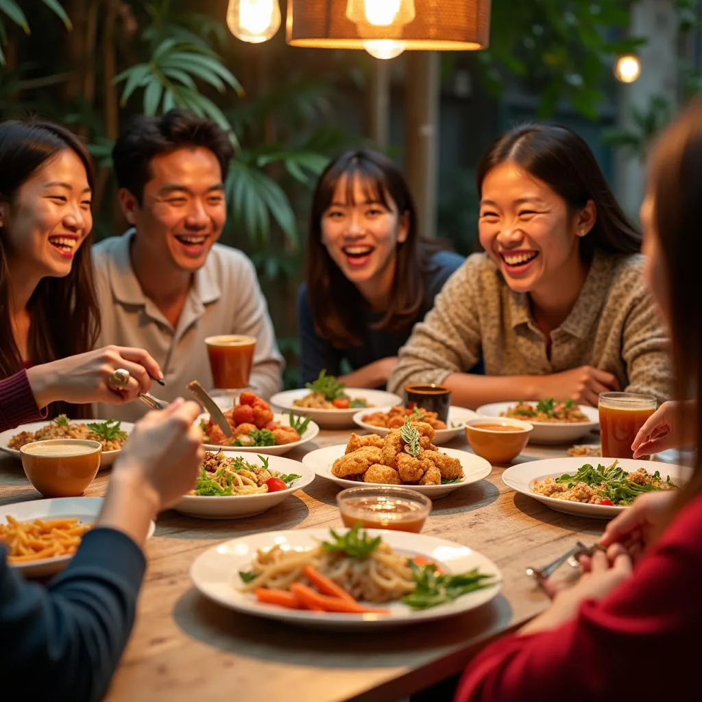 Friends gather around a table filled with edible art dishes at a Hanoi restaurant.