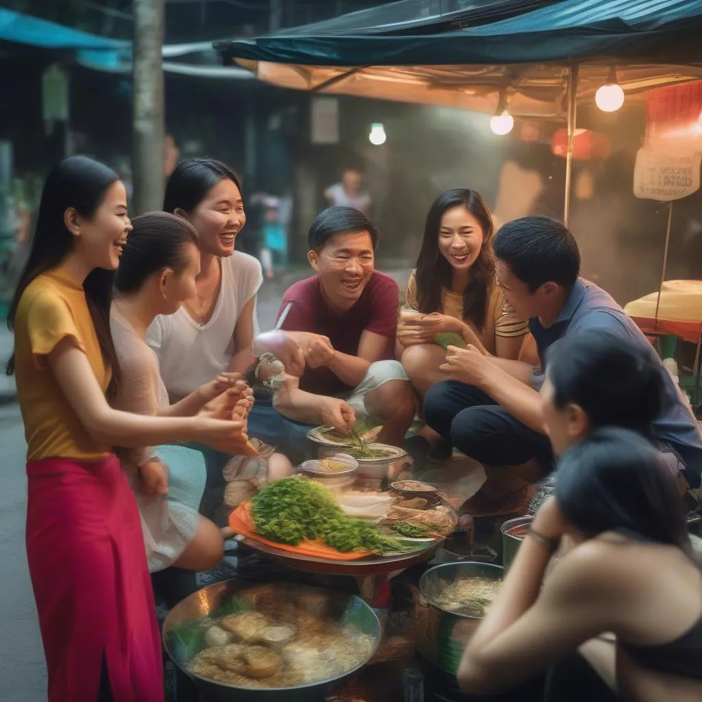 Group of Friends Enjoying Hanoi Street Food