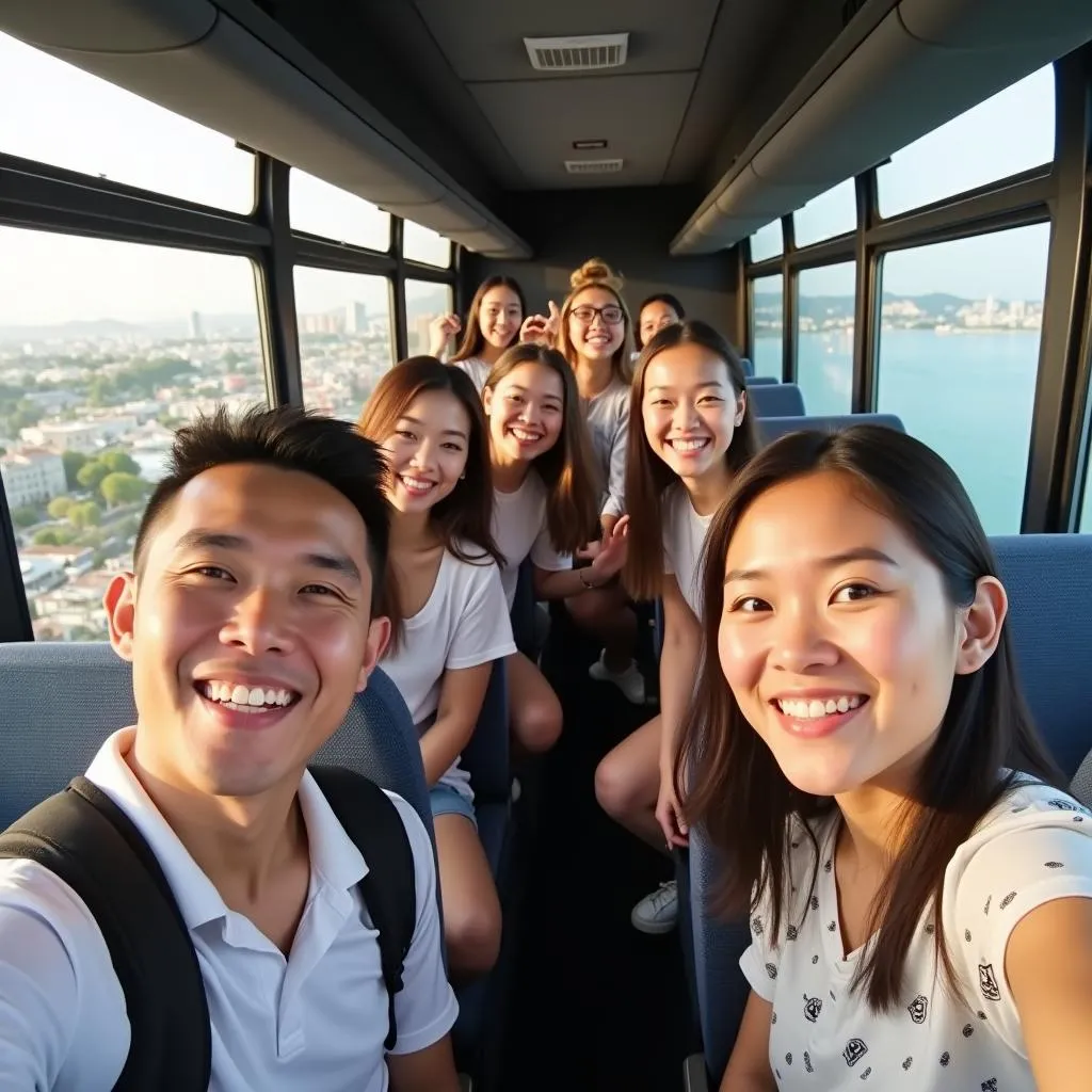 Group of friends having fun during their Hanoi tour in a spacious 30-seater bus