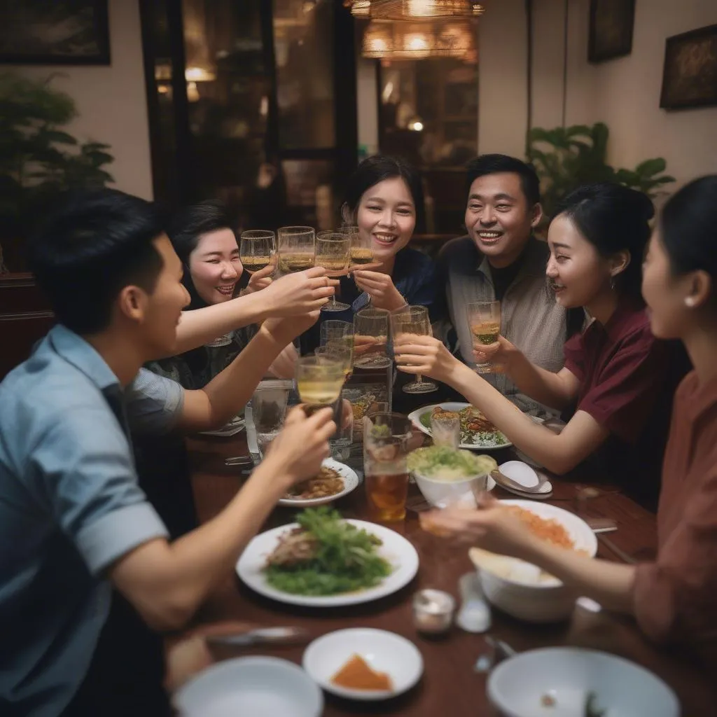 Group of friends enjoying meal in Hanoi