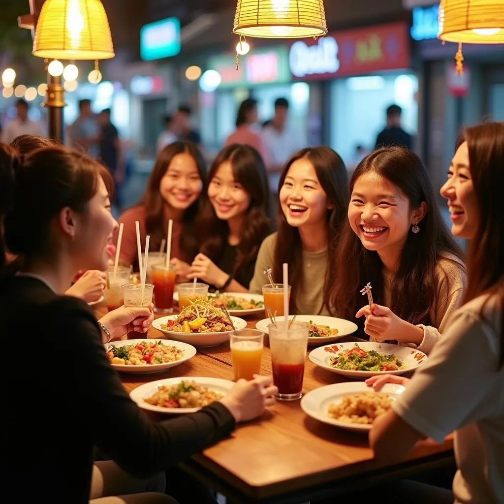 Friends sharing a meal on Bui Vien Street