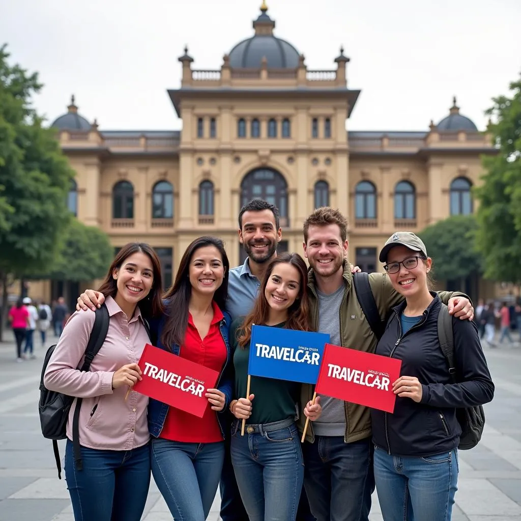 A group of tourists posing for a picture in front of the Hanoi Opera House.