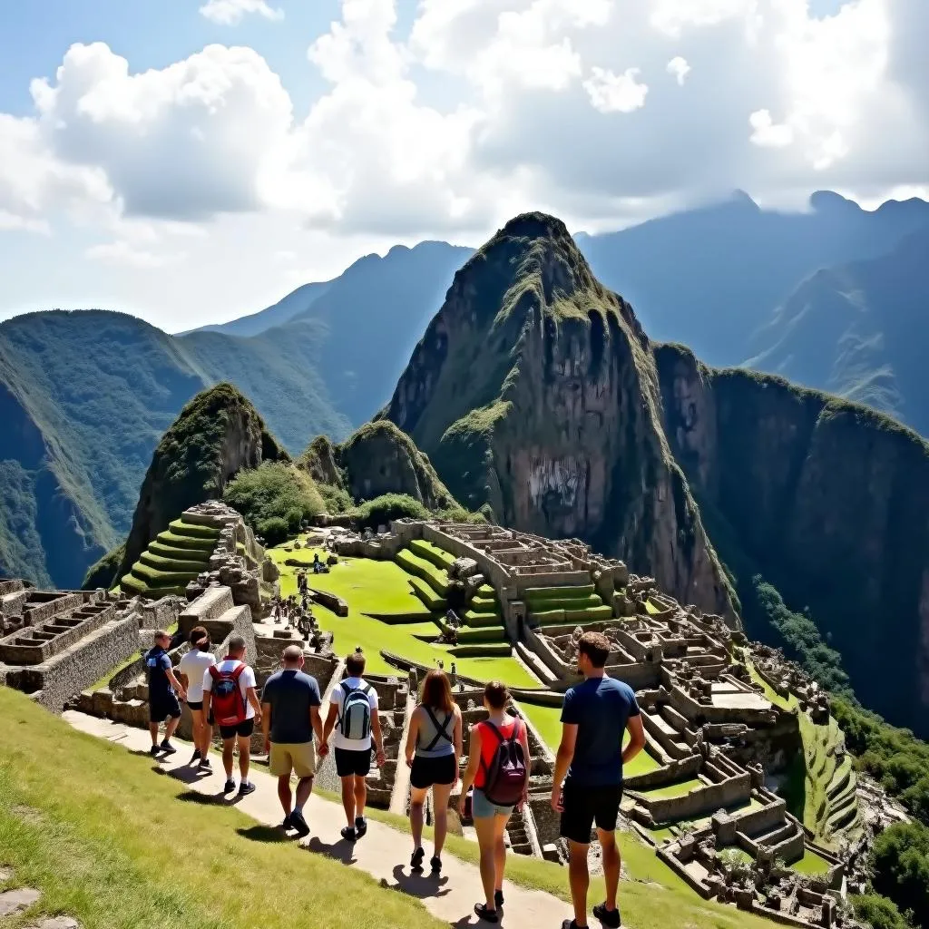 Tourists exploring Machu Picchu with a guide