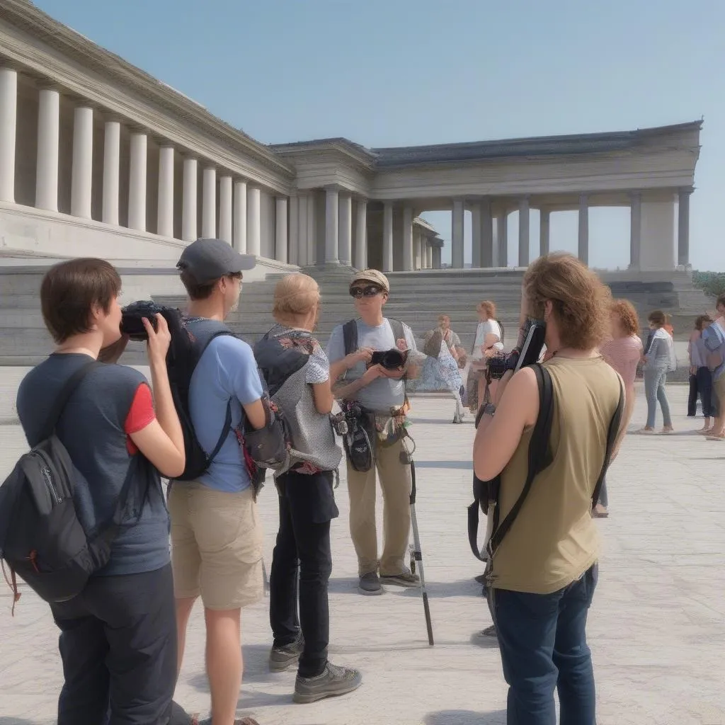 Group of tourists with cameras on guided tour