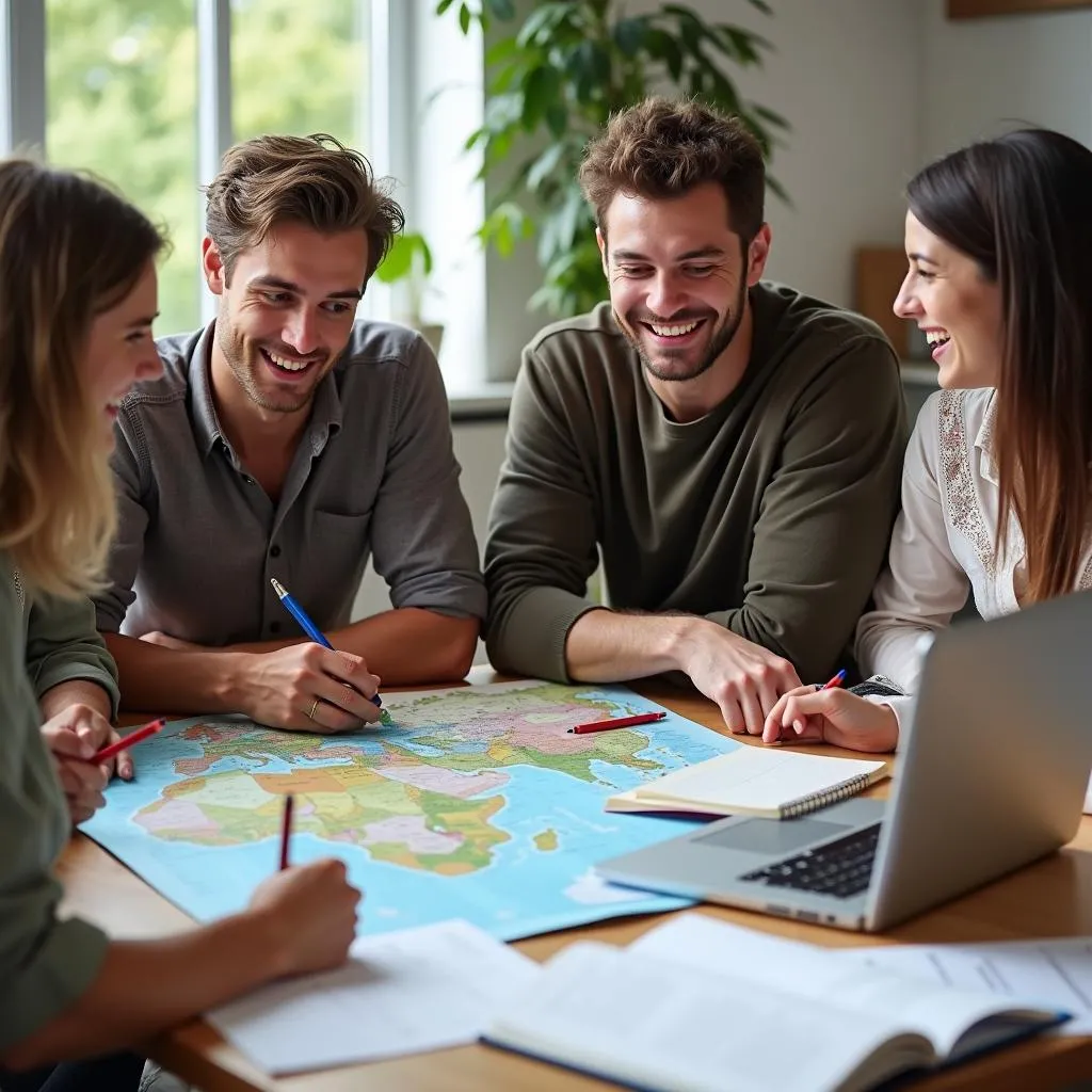 Group of people having a meeting to plan a trip