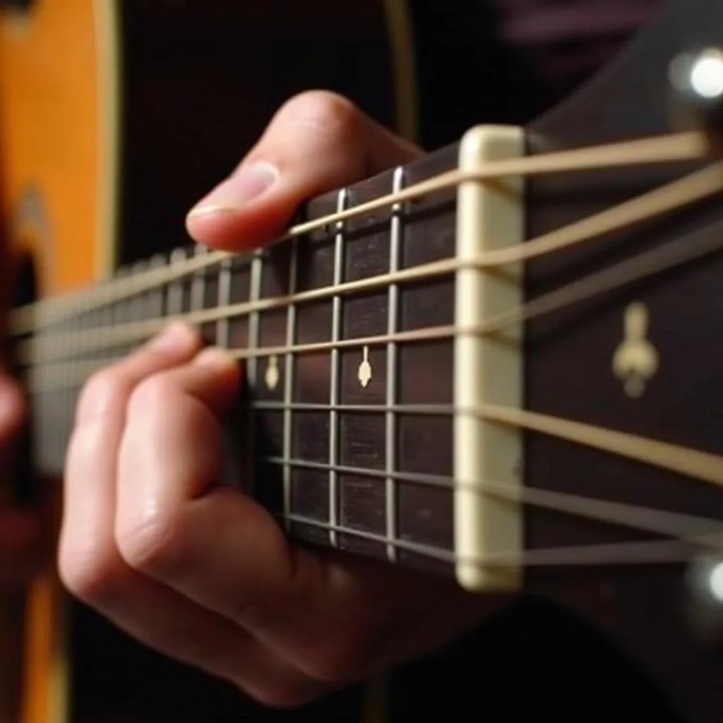 Close-up shot of a guitarist's hand forming basic chords