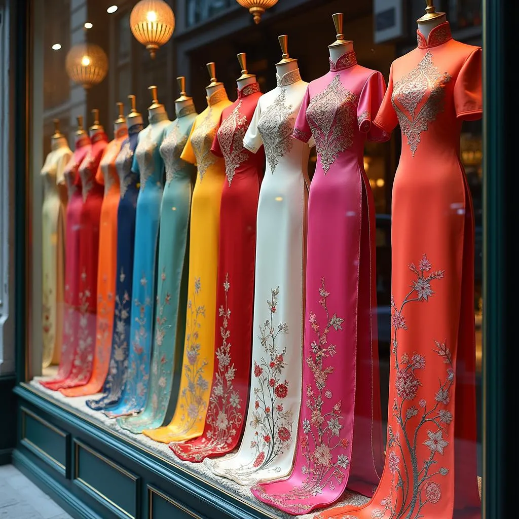 A display of vibrant Ha Dong silk Ao Dai on Nha Tho Street