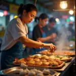 A street food vendor in Hanoi offering a variety of delicious options, including a small portion of Banh Mi