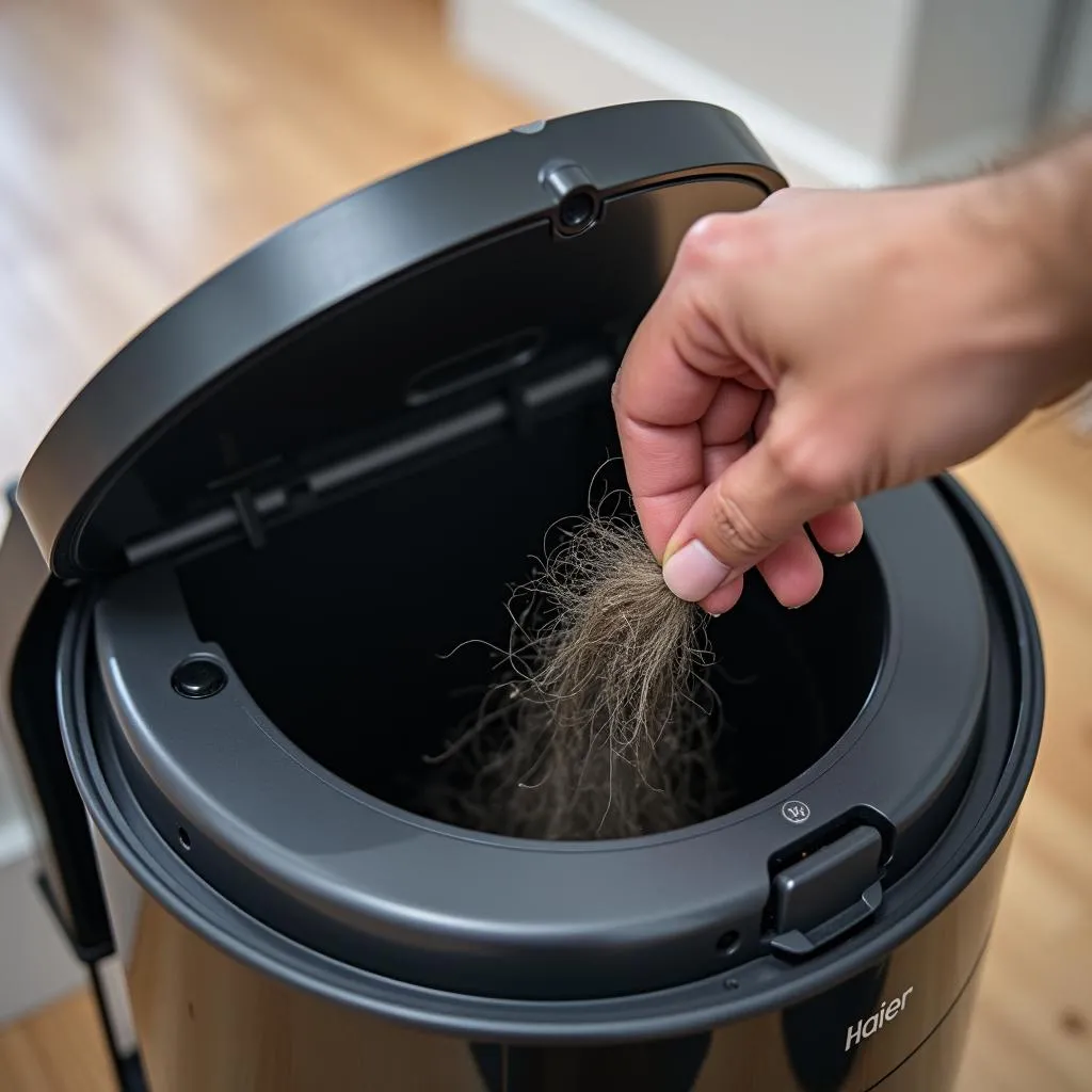 A person emptying the dustbin of a Haier robot vacuum