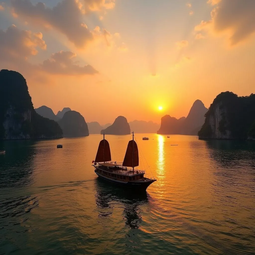 Sunset over Halong Bay with a traditional Vietnamese boat in the foreground