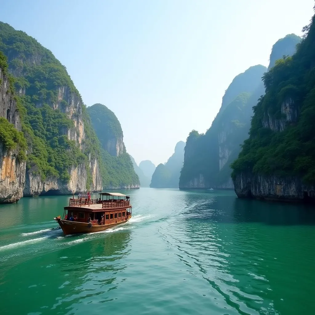 Traditional Vietnamese boat cruising on Ha Long Bay