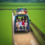 Family enjoying a road trip in a rented 10-seater car in Hanoi