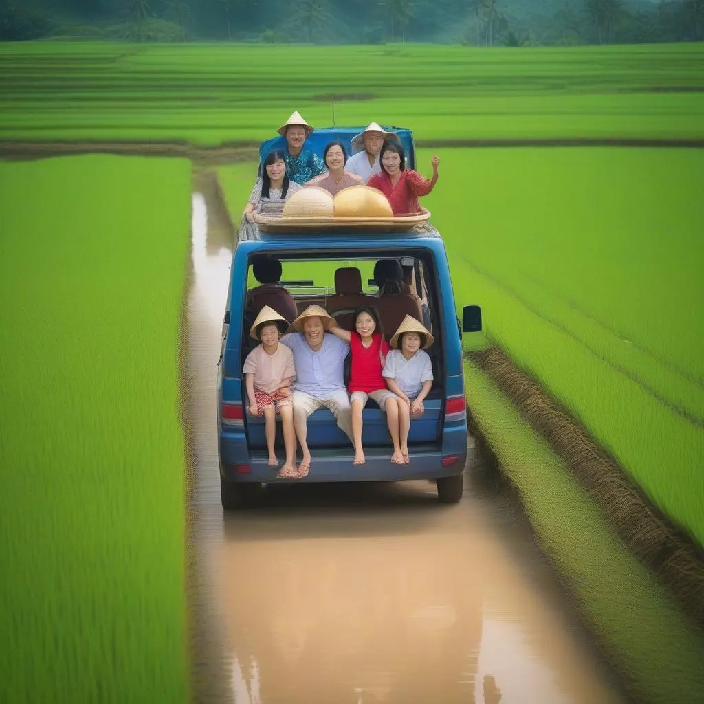 Family enjoying a road trip in a rented 10-seater car in Hanoi