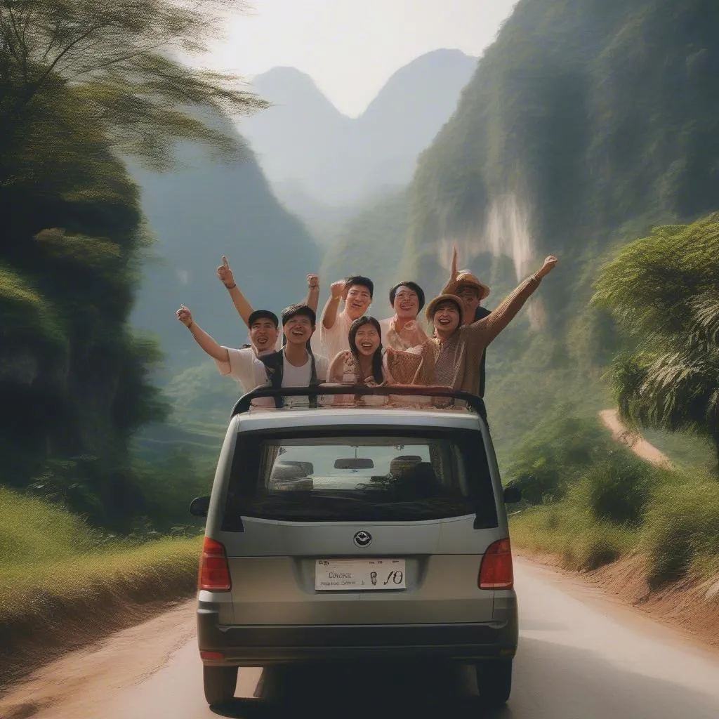 Group of friends on a road trip in a 10-seater car near Hanoi