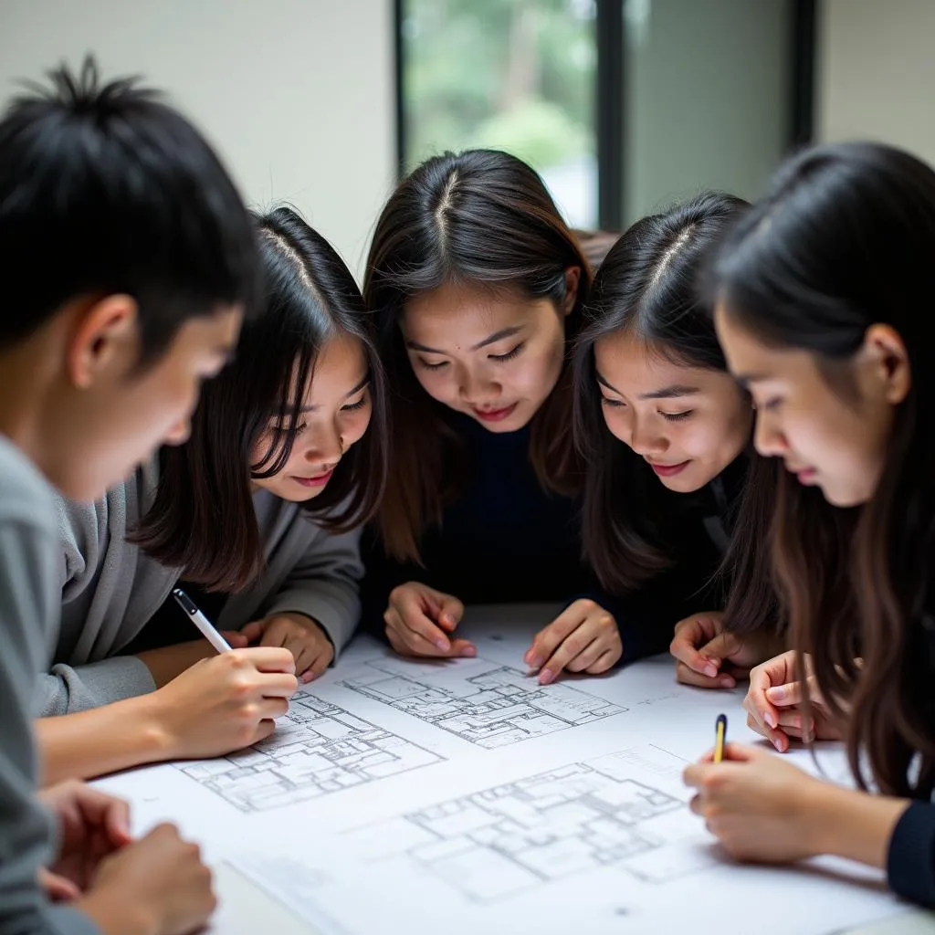 Students at Hanoi Architectural University review blueprints