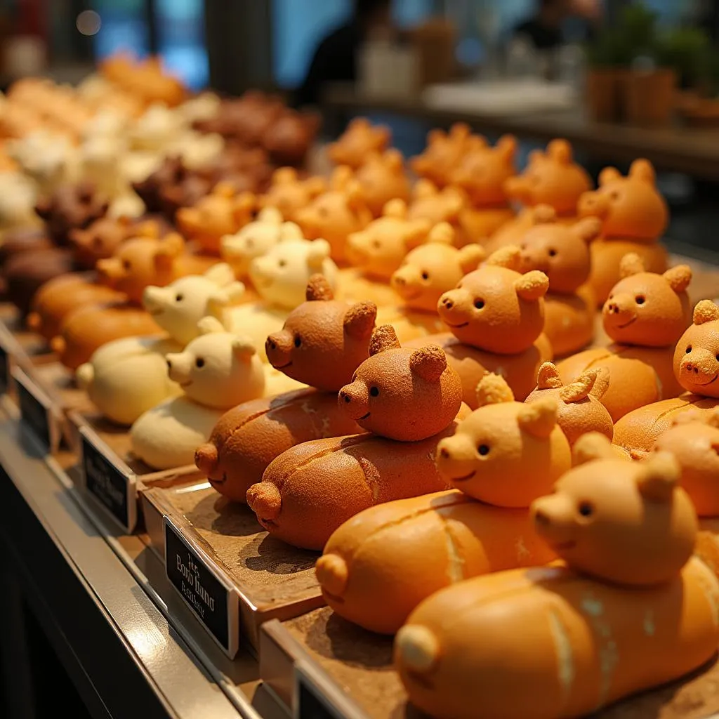 Display of animal-shaped buns in a Hanoi bakery