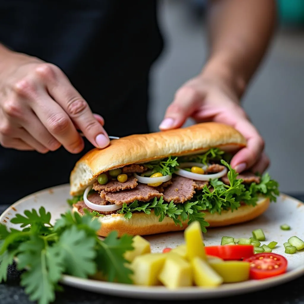 Preparing Banh Mi in Hanoi