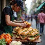 Hanoi street vendor preparing banh mi