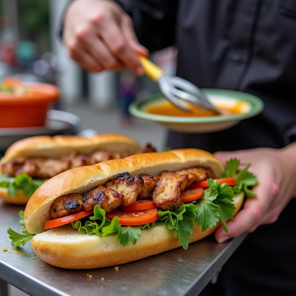 Street vendor making Banh Mi in Hanoi