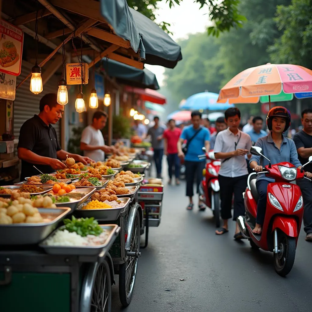 Hanoi street food vendors selling breakfast options