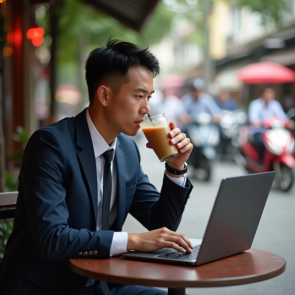 Businessman working at Hanoi cafe