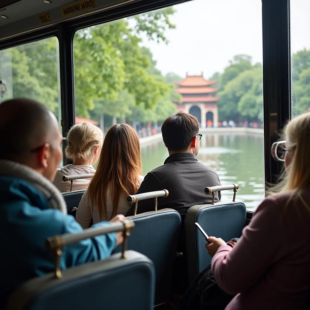 A group of tourists enjoying a guided city tour of Hanoi in a comfortable bus