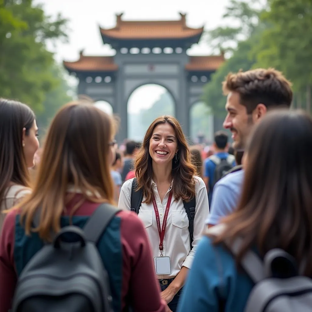 A group of diverse travelers exploring Hanoi's landmarks with a Travelcar tour guide